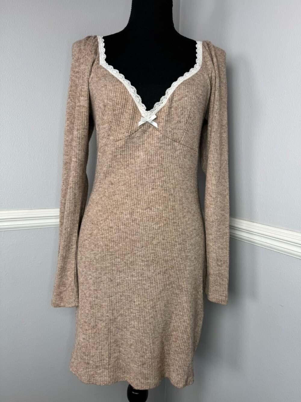 Forever 21 L Brown Ribbed Knit Mini Dress Lace-Trimmed Sweetheart Bodycon Boho